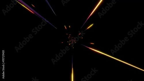 放射状に広がる赤く輝く細い光跡、宇宙のバースト、高速ワープ旅行エフェクト、SFモーションの背景
