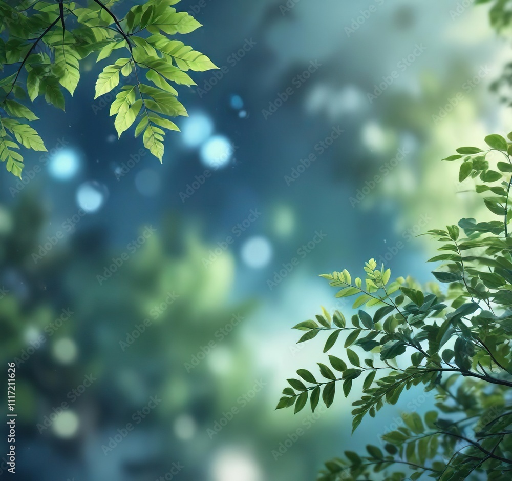 Abstract artful scene of soft focus foliage on a blurred abstract blue background with bokeh lighting effects, blurred, foliage Abstract artful scene of soft focus foliage on a blurred abstract blue background with bokeh lighting effects, blurred, foliage