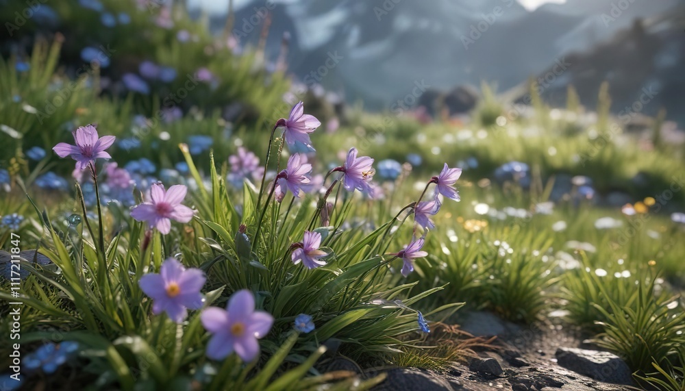 Obraz premium Alpine flowers swaying gently in the morning dew, foggy mountains, kodori gorge