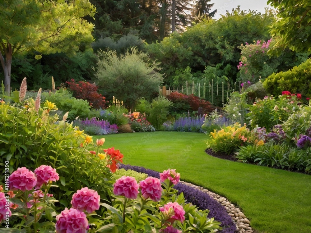Obraz premium garden with flowers and trees