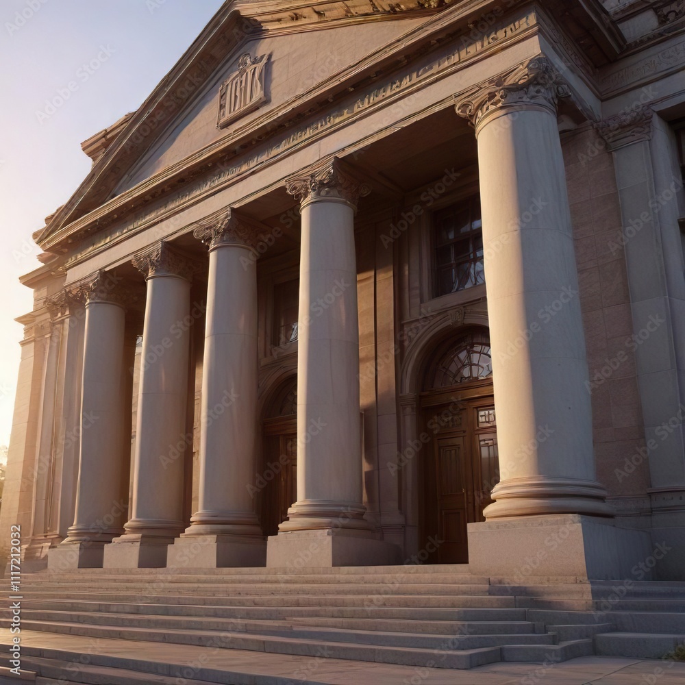 Obraz premium Courthouse exterior at sunrise with morning light, historic building, morning light, morning scenes