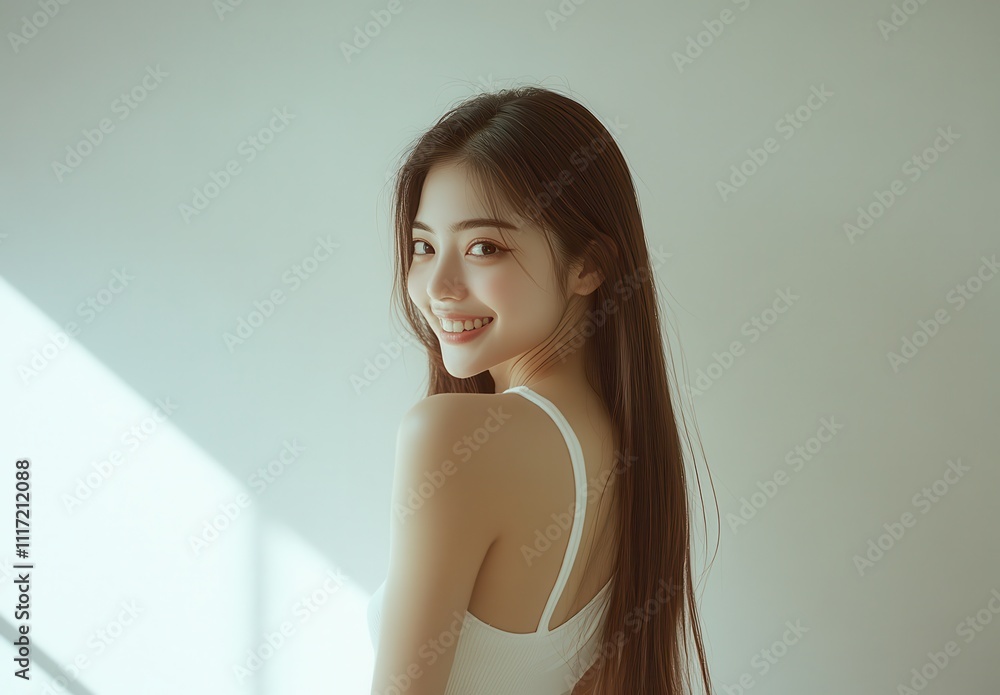 Bright and Cheerful Young Woman Smiling Gracefully Over Her Shoulder in a Sunlit Indoor Setting Perfect for Lifestyle and Beauty Visuals Bright and Cheerful Young Woman Smiling Gracefully Over Her Shoulder in a Sunlit Indoor Setting Perfect for Lifestyle and Beauty Visuals