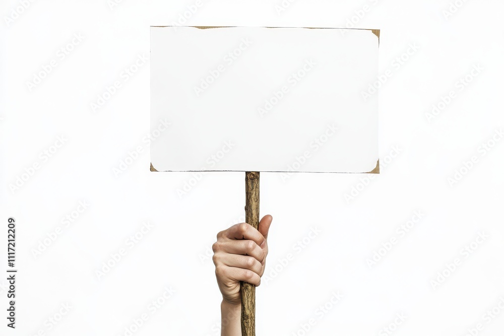 Hand holding sign wooden stick white blank placard protest demonstration minimalist Hand holding sign wooden stick white blank placard protest demonstration minimalist