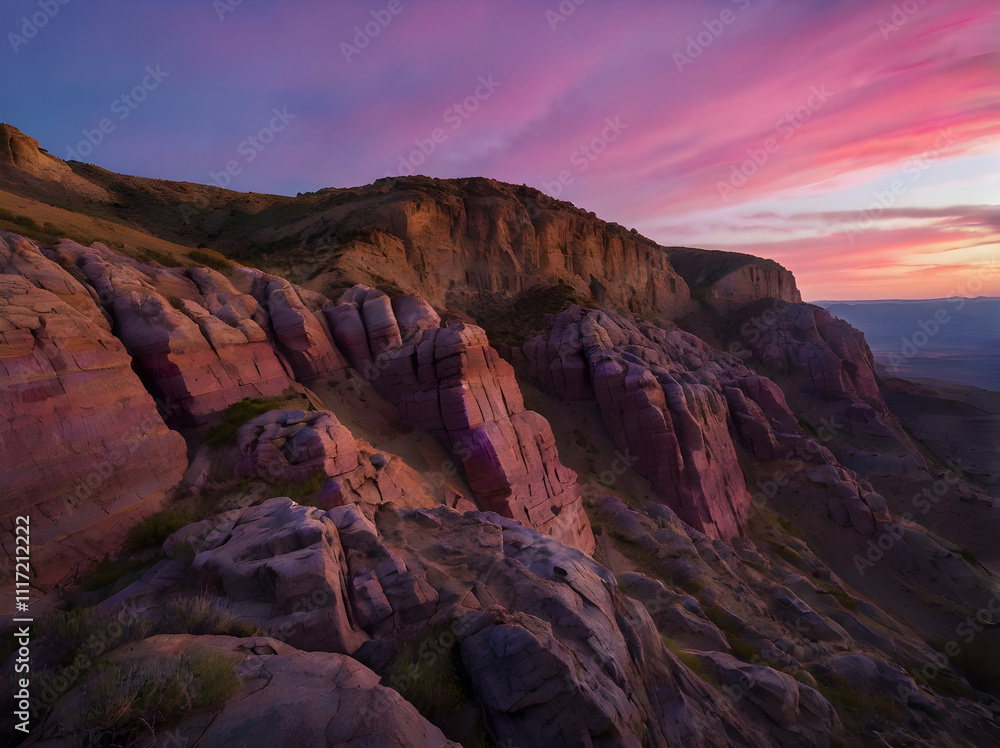Obraz premium A dynamic upward angle of rugged cliffs against a vivid twilight sky with colors of purple and pink.