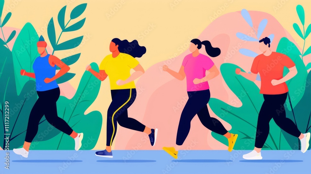 Vibrant and Energetic Group of Diverse People Running Together in Nature with Tropical Plants and Soft Pastel Background for Fitness and Wellness Themes Vibrant and Energetic Group of Diverse People Running Together in Nature with Tropical Plants and Soft Pastel Background for Fitness and Wellness Themes