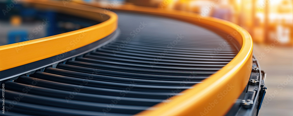 Close-up view of a modern conveyor belt in a warehouse setting, highlighting efficiency. Close-up view of a modern conveyor belt in a warehouse setting, highlighting efficiency.