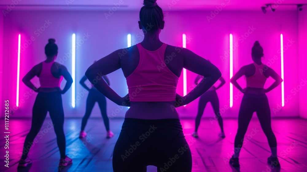 Dynamic Group Workout Session with Neon Lighting: Focused Individual Leading Fitness Class in a Vibrant Atmosphere Dynamic Group Workout Session with Neon Lighting: Focused Individual Leading Fitness Class in a Vibrant Atmosphere