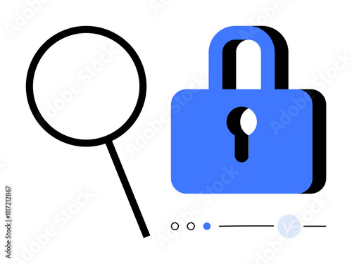 Magnifying glass next to a blue padlock suggests search and security themes. Ideal for cybersecurity, privacy, data protection, research, online safety, encryption, and secure access. Line metaphor photo