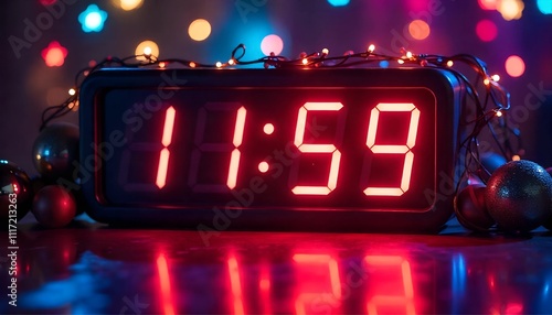 A digital or vintage clock showing 11:59 with festive decorations around it