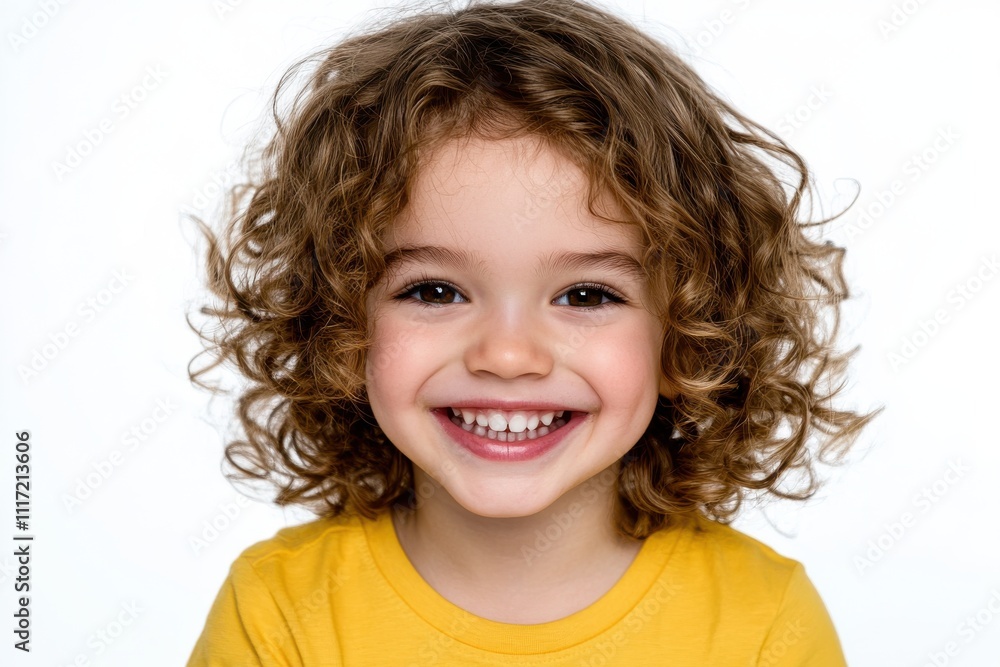 Joyful young child curly brown hair wide smile yellow t shirt expressive eyes energetic pose Joyful young child curly brown hair wide smile yellow t shirt expressive eyes energetic pose