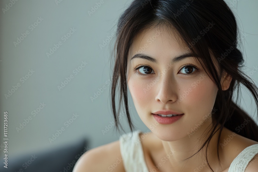Close-up portrait of a young Asian woman with soft makeup. Ideal for beauty, fashion, or skincare advertising. Close-up portrait of a young Asian woman with soft makeup. Ideal for beauty, fashion, or skincare advertising.