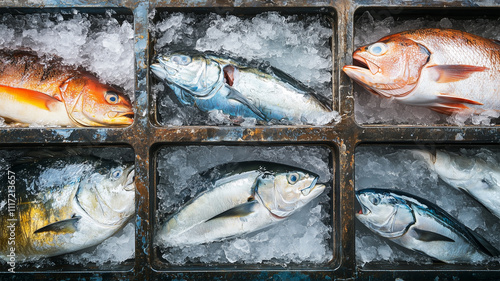 市場に並ぶケースいっぱいの新鮮な大漁の魚 photo