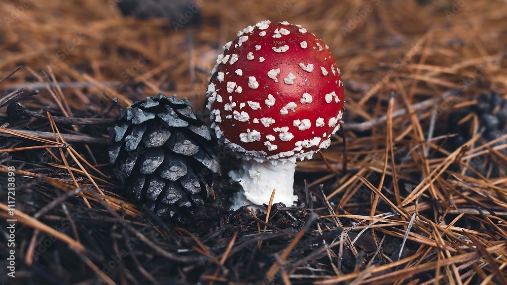 Vibrant Red Mushroom Amidst Pine Needles and Cone Vibrant Red Mushroom Amidst Pine Needles and Cone