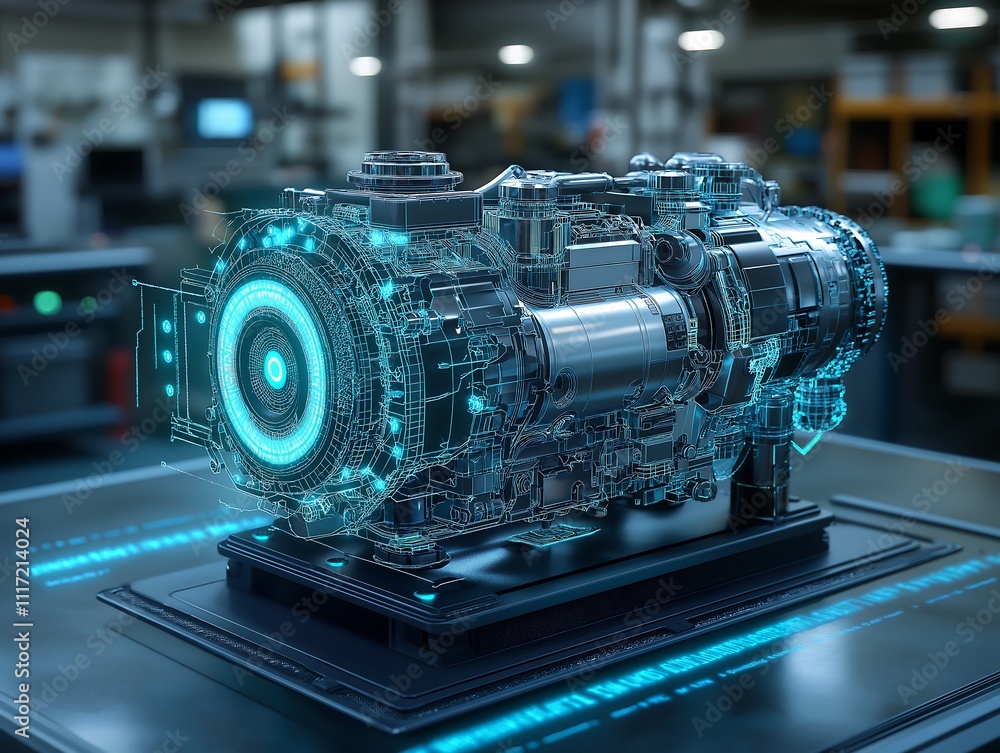 Futuristic Engine Design with Holographic Overlay Futuristic Engine Design with Holographic Overlay