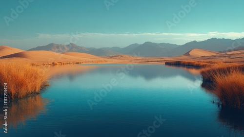 A serene landscape with a calm lake surrounded by desert dunes and mountains under a clear blue sky.