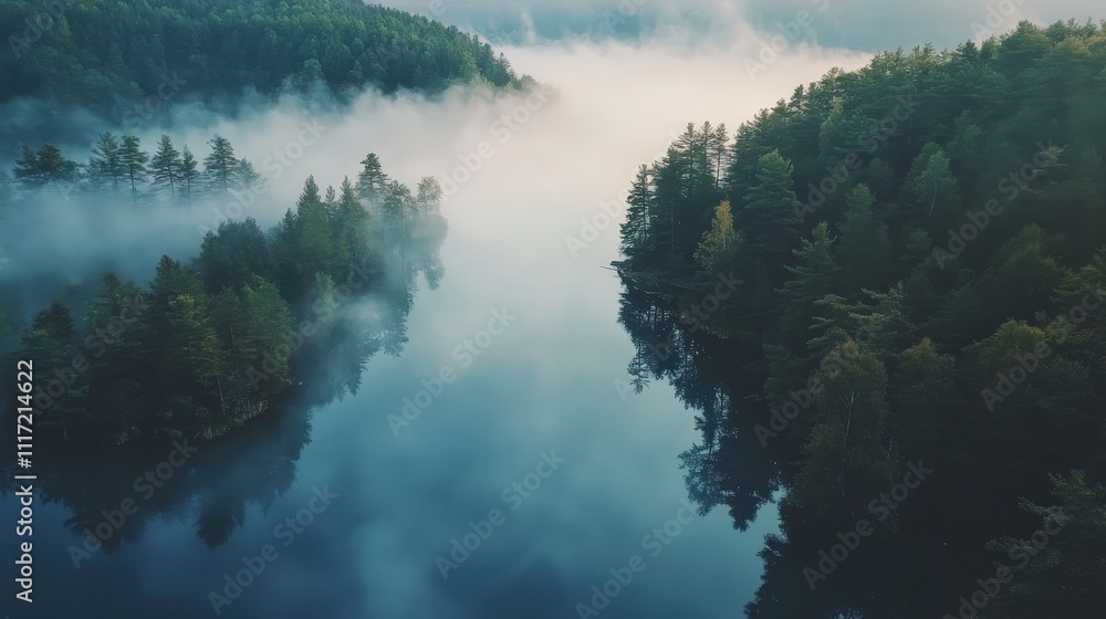 Dense fog rolling over a tranquil lake, creating a moody atmosphere Dense fog rolling over a tranquil lake, creating a moody atmosphere