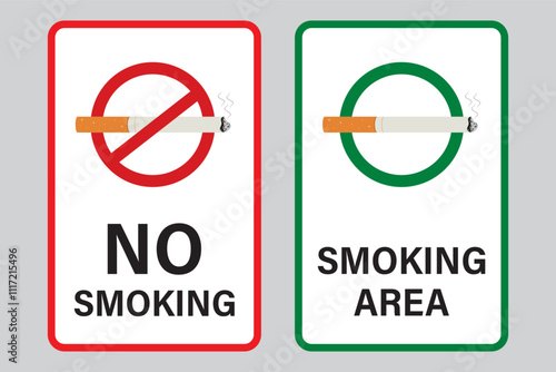 No smoking area, set of two signs or posters. Allowed smoking, place for smokers. May 31st World No Tobacco Day, awareness. Poison of cigarette. Vertical banner template.
