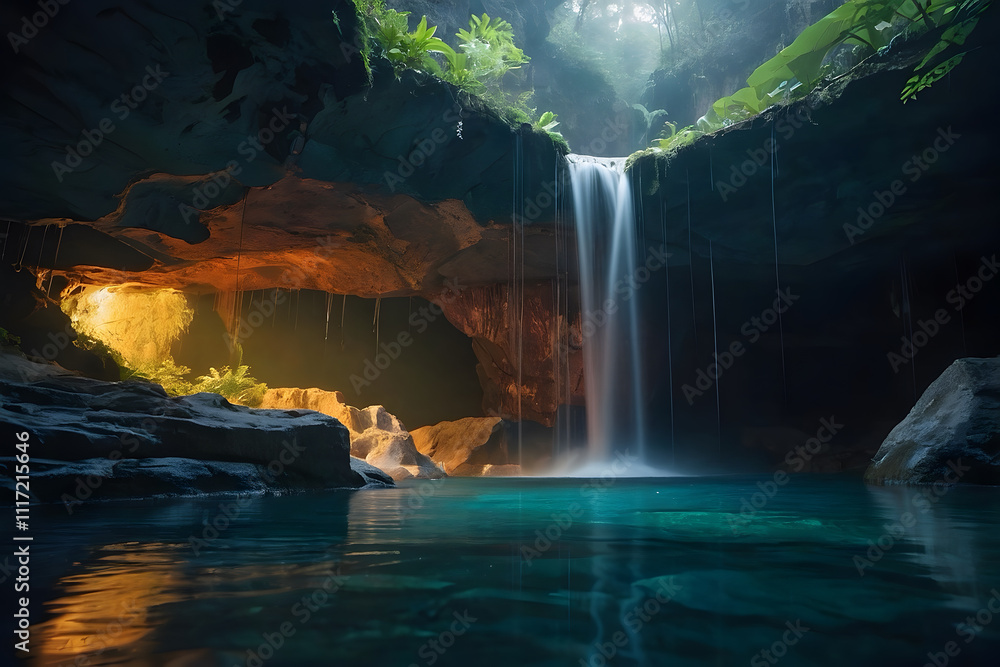Tranquil, mesmerizing and hidden waterfall in a cave with crystal clear water Tranquil, mesmerizing and hidden waterfall in a cave with crystal clear water