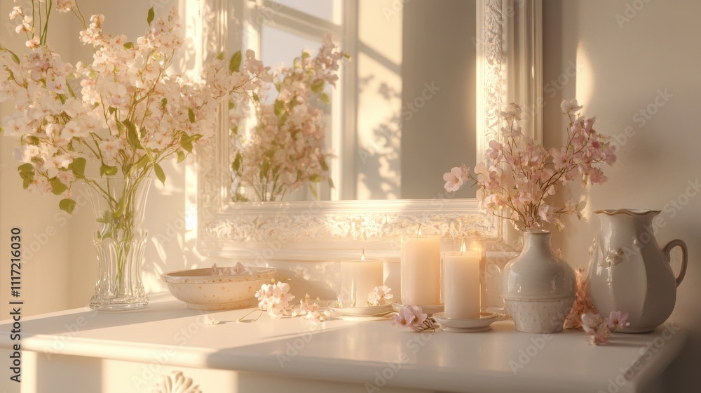 Ornate white vanity mirror windowsill with sunlight lit candles floral arrangement Ornate white vanity mirror windowsill with sunlight lit candles floral arrangement