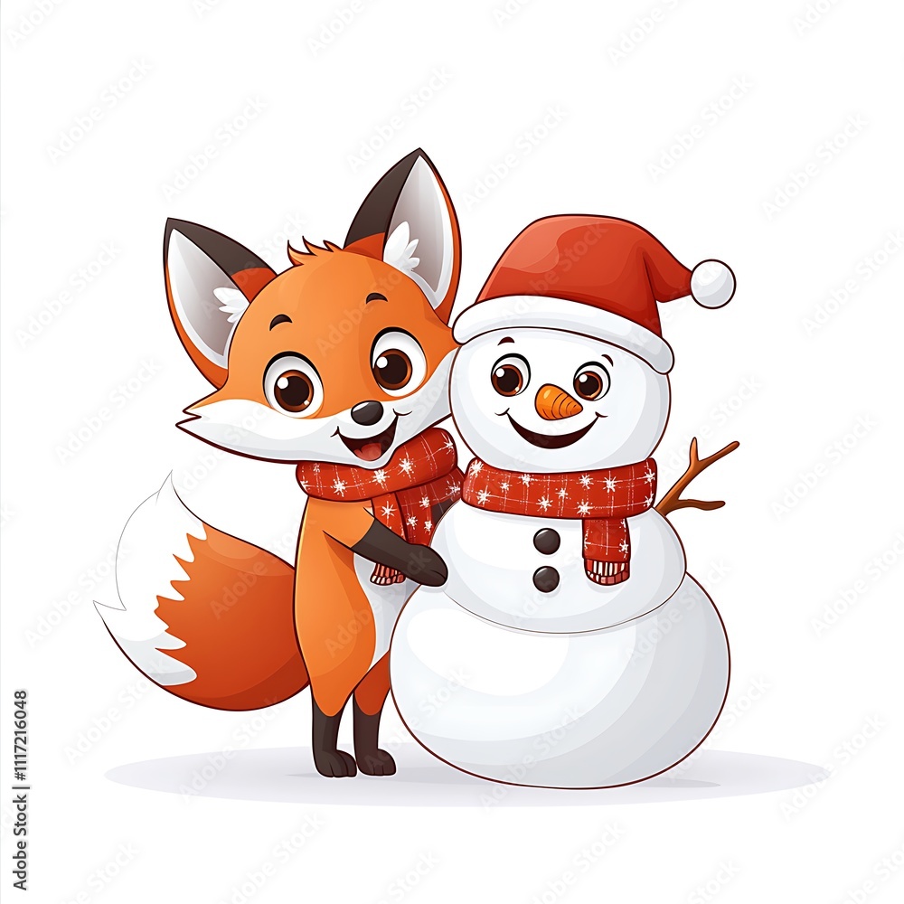 Cheerful Fox with Snowman in Festive Illustration Cheerful Fox with Snowman in Festive Illustration