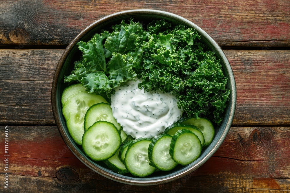 Overhead view of healthy bowl ceramic bowl on red wooden table fresh kale sliced cucumber Overhead view of healthy bowl ceramic bowl on red wooden table fresh kale sliced cucumber