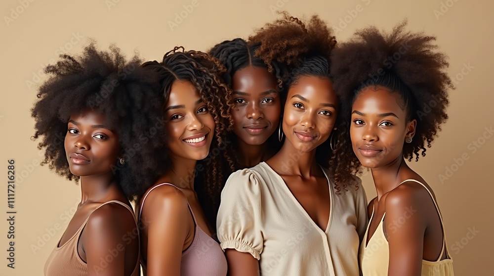 Fototapeta premium Women Posing On Beige Background. Tender Multicultural Girls Standing Together And Looking At Camera