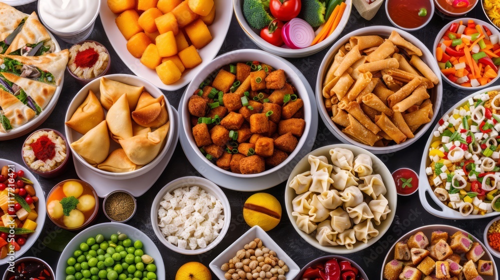 An Abundant Array of Colorful and Delicious Snacks and Appetizers Perfect for Any Gathering, Featuring a Variety of Textures and Flavors on a Dark Background An Abundant Array of Colorful and Delicious Snacks and Appetizers Perfect for Any Gathering, Featuring a Variety of Textures and Flavors on a Dark Background