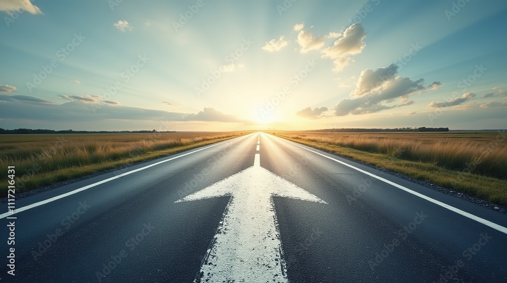 Naklejka premium An asphalt road stretches into the distance with a painted white arrow pointing forward, symbolizing motivation, progress, and the concept of continuous growth and forward movement