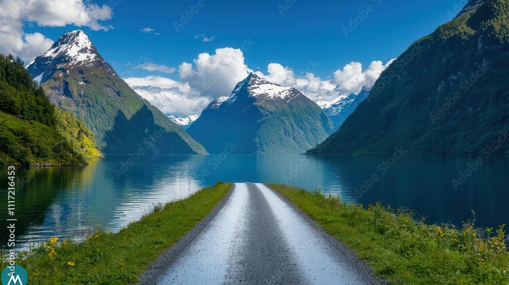 Obraz premium Curved road along a scenic fjord with mountains rising from the waters edge, Fjord road, Breathtaking, scenic, adventurous