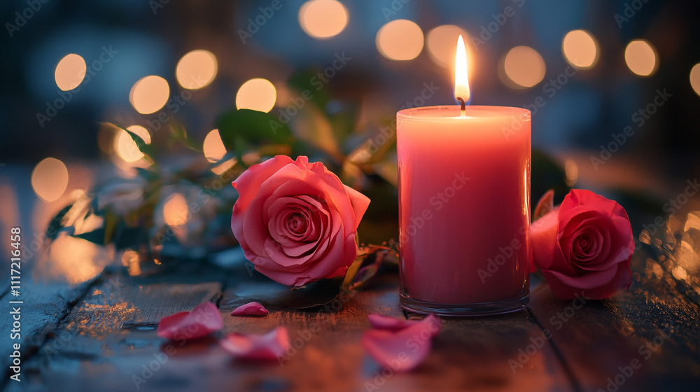 A cozy and cheerful Christmas display with a red-lit candle, surrounded by red rose and sparkling ornaments, perfect for holiday decor inspiration A cozy and cheerful Christmas display with a red-lit candle, surrounded by red rose and sparkling ornaments, perfect for holiday decor inspiration