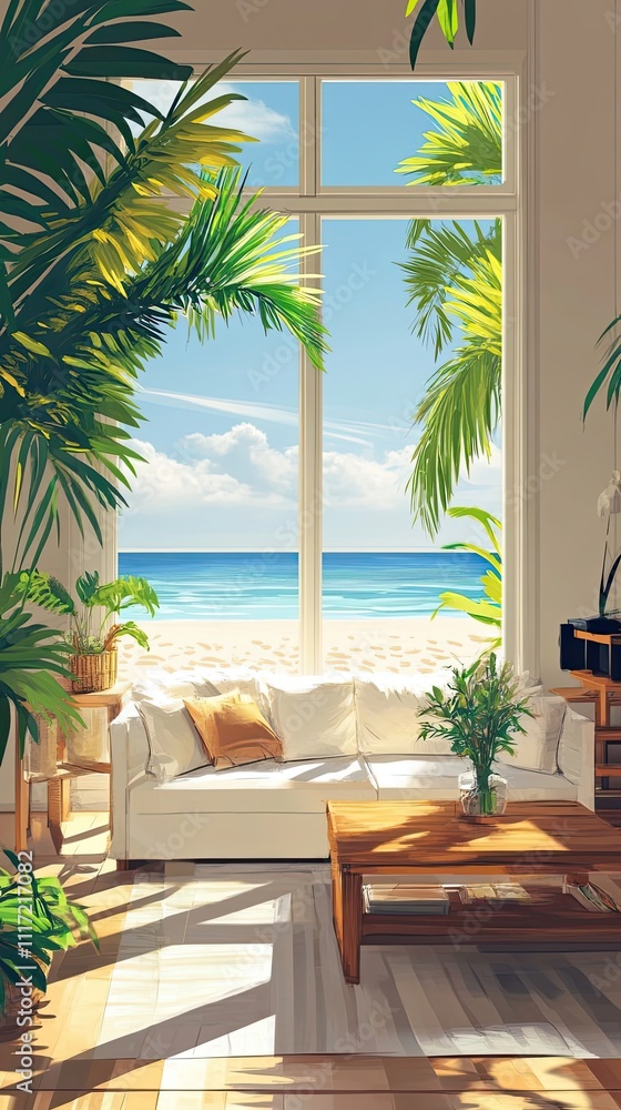 Fototapeta premium Tranquil Beach View From Cozy Living Room