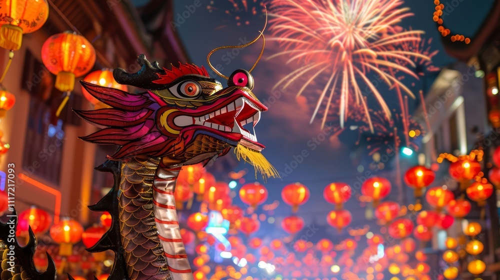 Fototapeta premium Vibrant Dragon Statue Against a Festive Night Sky Filled with Fireworks and Lanterns During a Celebration of Culture and Traditions in an Urban Setting