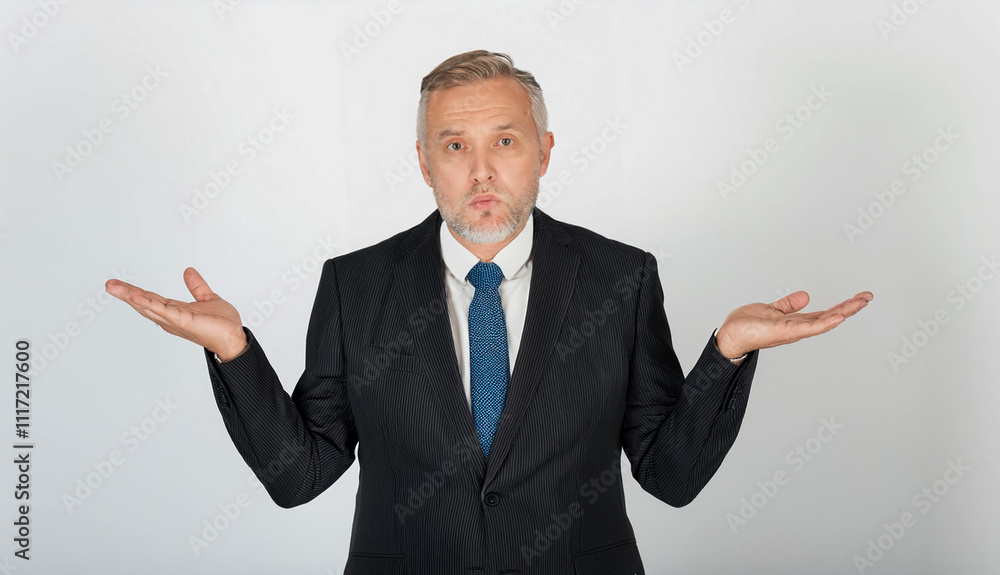 Middle-Aged Businessman in Confused 'I Don't Know' Gesture on White Background Middle-Aged Businessman in Confused 'I Don't Know' Gesture on White Background