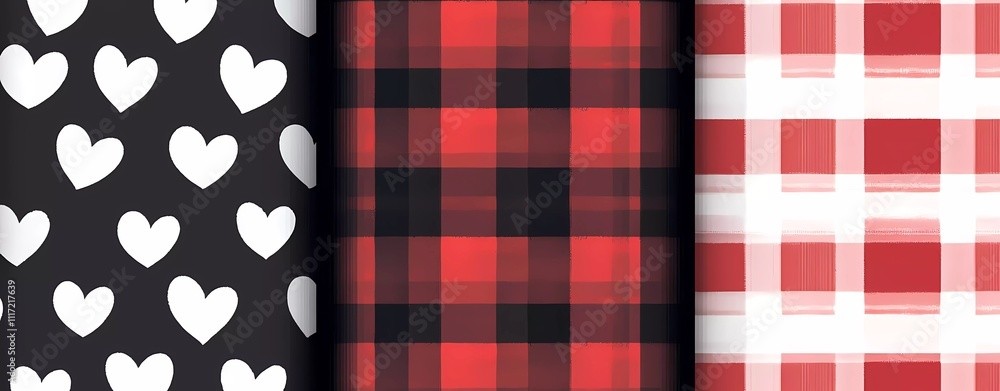 3 seamless patterns in the style of red and black gingham plaid with white hearts, romantic theme, vector illustration,