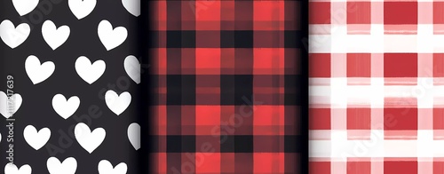 3 seamless patterns in the style of red and black gingham plaid with white hearts, romantic theme, vector illustration,