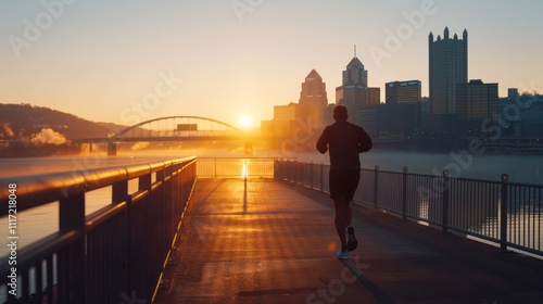 Early Morning Runner on Scenic Waterfront Pathway with City Skyline at Sunrise in Pittsburgh, Pennsylvania, Creating an Atmosphere of Health and Fitness