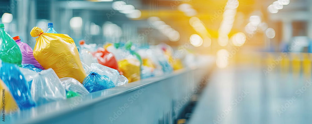 Fototapeta premium Colorful plastic waste bags on a conveyor belt in a recycling facility.