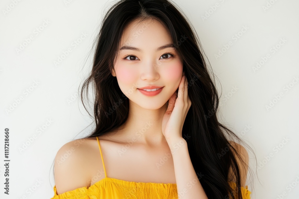 Selfie portrait young Asian woman bright yellow top, white background long dark hair