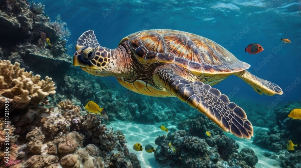 Obraz premium A close-up photo of a sea turtle, showcasing its gentle eyes and powerful flippers. The colorful coral reef provides a stunning backdrop for this beautiful creature.