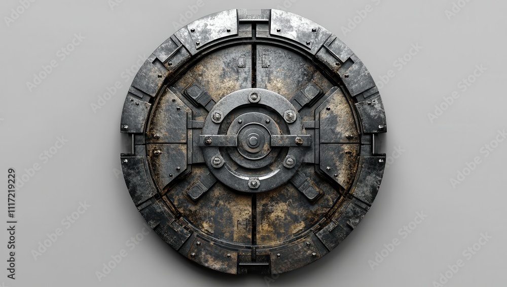 Obraz premium Detailed Close-Up of a Round Metallic Shield with Rusty Areas and Complex Circular Mechanisms, Ideal for Illustrating Strength and Protection Themes in Visual Media