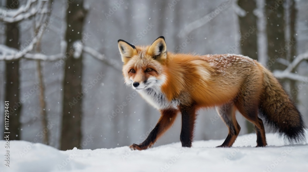 A majestic red fox stands alert in a snowy winter forest, its fur thick and warm against the falling snow. The fox's piercing eyes and bushy tail add to its captivating presence. A majestic red fox stands alert in a snowy winter forest, its fur thick and warm against the falling snow. The fox's piercing eyes and bushy tail add to its captivating presence.