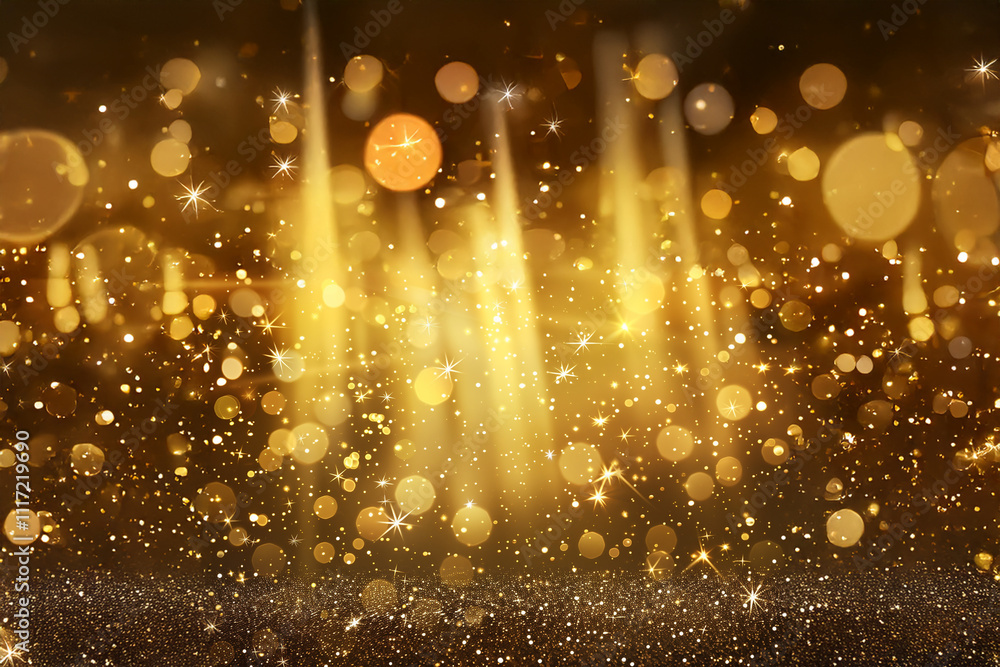 Fond abstrait lumières dorées scintillantes et effet bokeh, ambiance festive pour Noël et fêtes de fin d’année décembre, espace négatif copyspace.