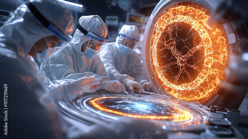 cinematic view of medical team in full protective gear, focused on glowing, intricate device. atmosphere is intense and futuristic, showcasing advanced technology photo