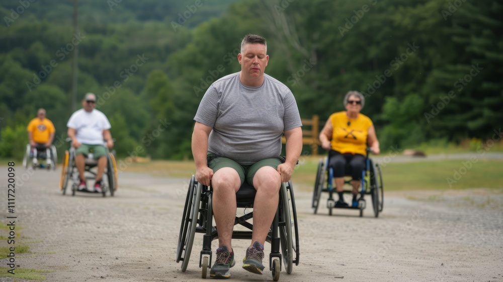 Empowering Individuals with Mobility Challenges Engaging in Recreational Activities Outdoors on a Sunny Day in a Green Natural Setting Empowering Individuals with Mobility Challenges Engaging in Recreational Activities Outdoors on a Sunny Day in a Green Natural Setting