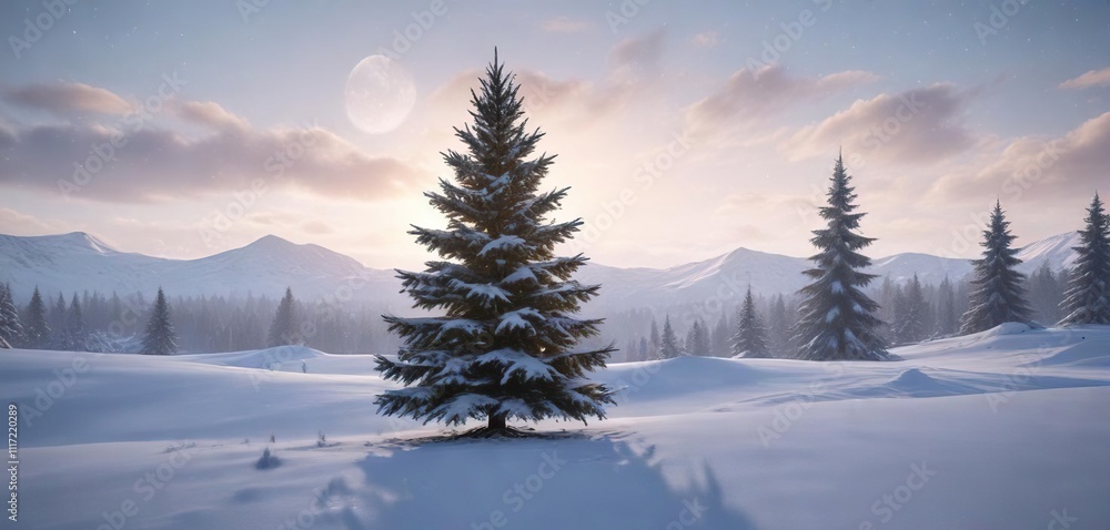 Winter landscape with Christmas tree and snowflakes, landscape, frosty, serene