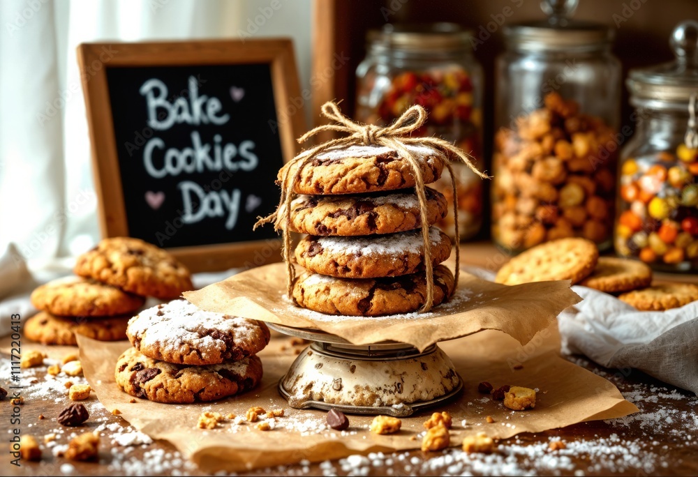 Stacked Homemade Chocolate Chip Cookies Tied with Rustic Twine on Vintage Cake Stand, Surrounded by Baking Ingredients, Jars of Candies, and Stacked Homemade Chocolate Chip Cookies Tied with Rustic Twine on Vintage Cake Stand, Surrounded by Baking Ingredients, Jars of Candies, and