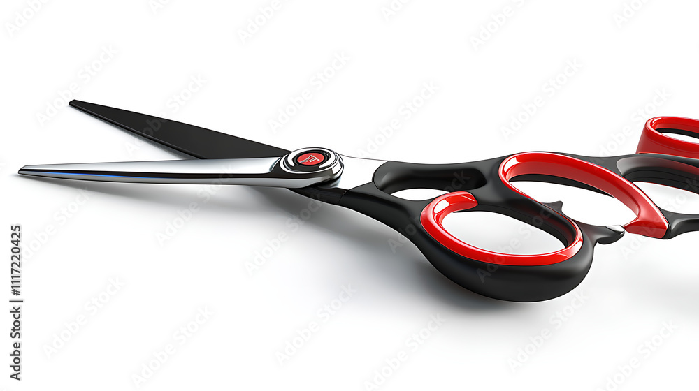 A pair of scissors with a red handle and a black blade A pair of scissors with a red handle and a black blade