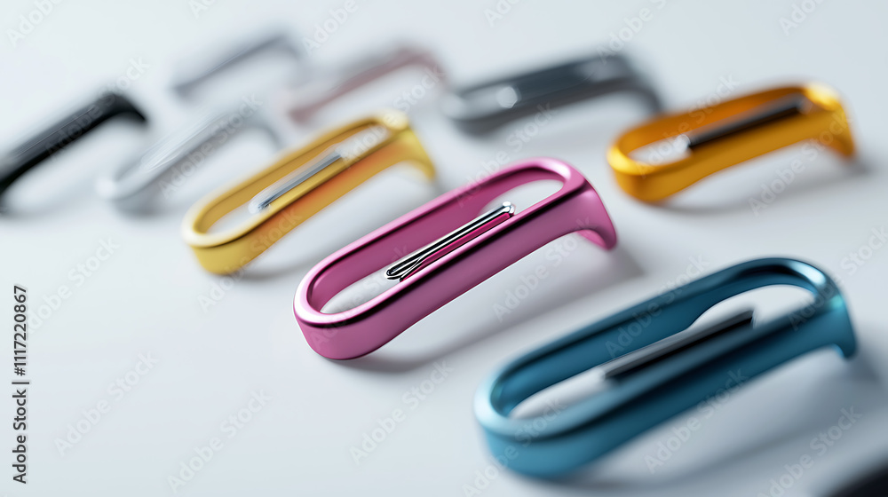 A row of colorful plastic clips with a pink one in the middle A row of colorful plastic clips with a pink one in the middle