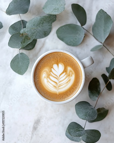 Wallpaper Mural Elegant Latte Art in a White Mug Surrounded by Fresh Eucalyptus Leaves on a Marble Surface Capturing a Cozy and Calm Atmosphere for Coffee Lovers Torontodigital.ca