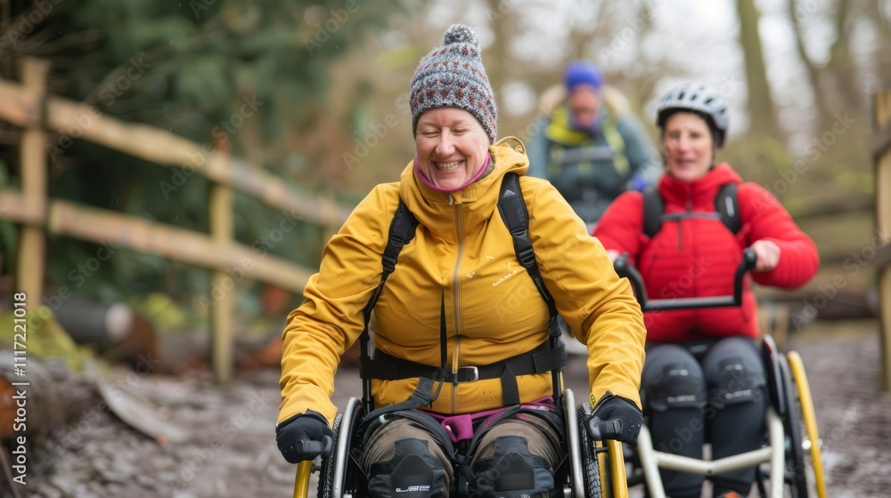 Joyful women enjoying outdoor adventure in wheelchairs, navigating a scenic path through the woods, showcasing accessibility and empowerment in nature. Joyful women enjoying outdoor adventure in wheelchairs, navigating a scenic path through the woods, showcasing accessibility and empowerment in nature.